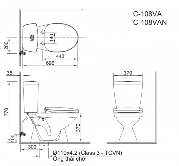 Bồn cầu 2 khối INAX C-108VA (C108VA) xả nhấn nắp thường - 3