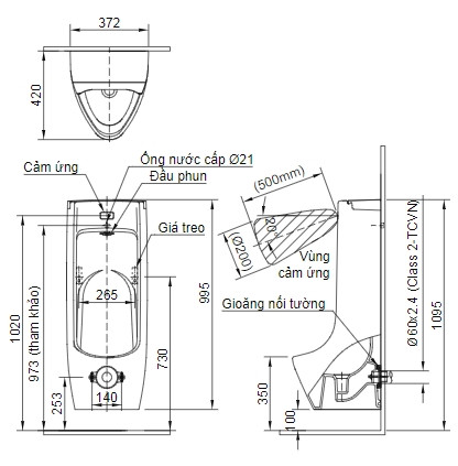 Bồn tiểu nam INAX ASU-500V (ASU500V) van xả cảm ứng - 10