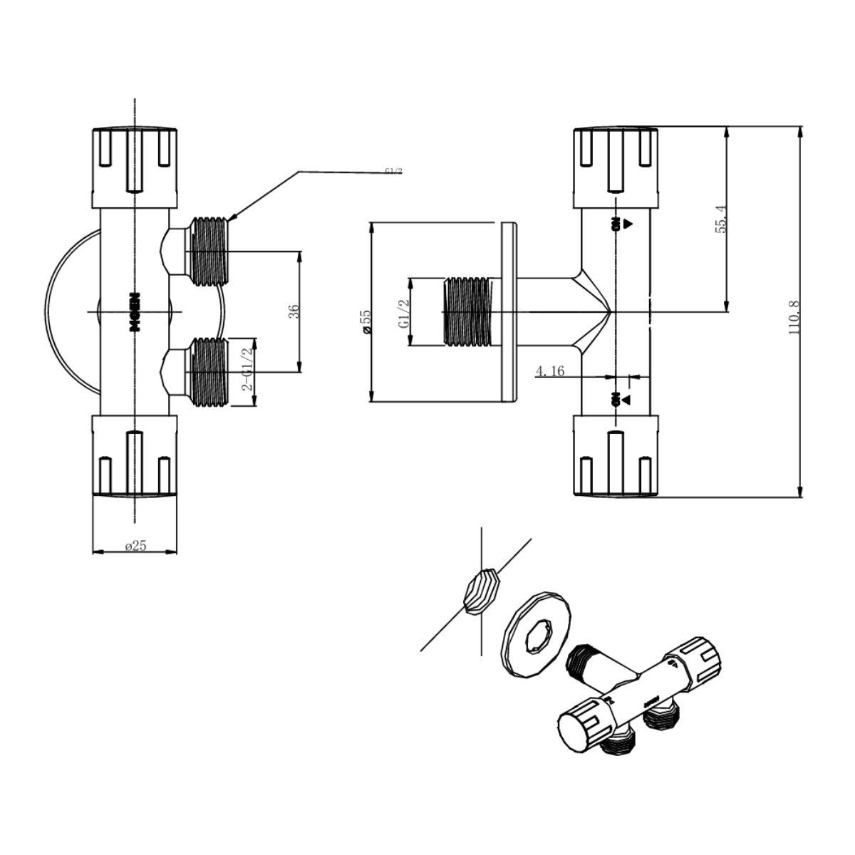 Van nước 2 chiều chữ T MOEN GN101333 - 2