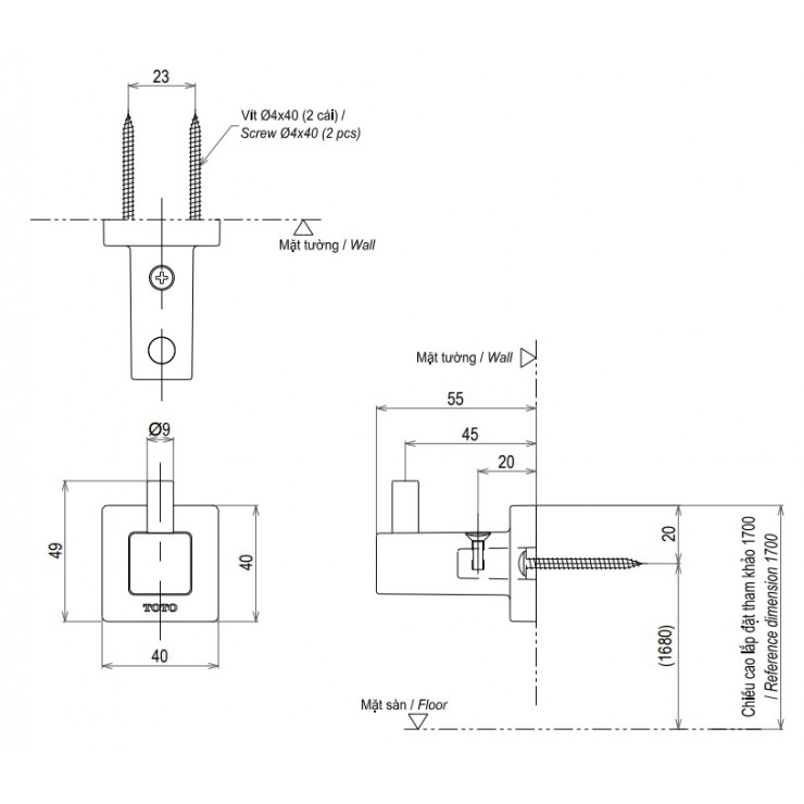 Móc áo L vuông TOTO YRH408V