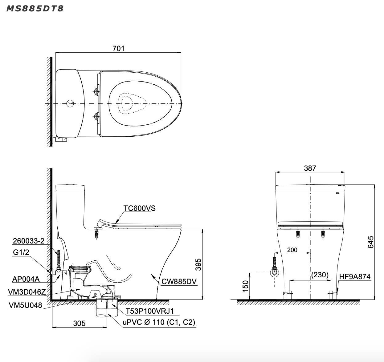 Bồn cầu 1 khối TOTO MS885DT8 nắp đóng êm TC600VS - 13