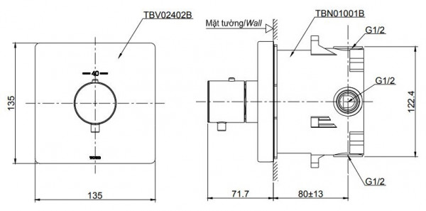 Van điều chỉnh nhiệt độ TOTO TBV02402B kèm phụ kiện âm tường TBN01001B - 2