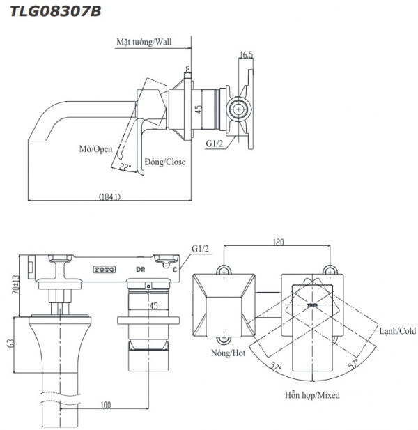Vòi lavabo nóng lạnh gắn tường GC TOTO TLG08307BA (TLG08307B) - 3