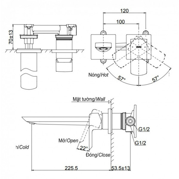 Vòi lavabo nóng lạnh TOTO TLG02311BB (TLG02311B) gắn tường GR Series - 12