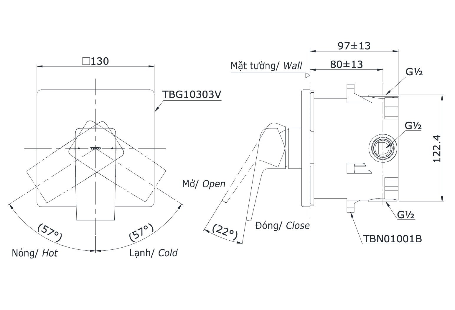 Van gật gù điều chỉnh nóng lạnh TOTO TBG10303VA kèm phụ kiện âm tường TBN01001B - 2