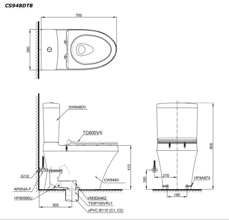 Bồn cầu 2 khối TOTO CS948DT8 nắp đóng êm TC600VS - 2