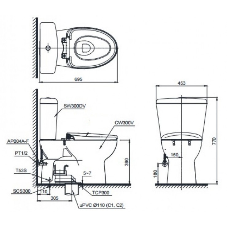 Bồn cầu TOTO CS300DRW16 2 khối nắp điện tử Washlet C2 TCF23410AAA - 12