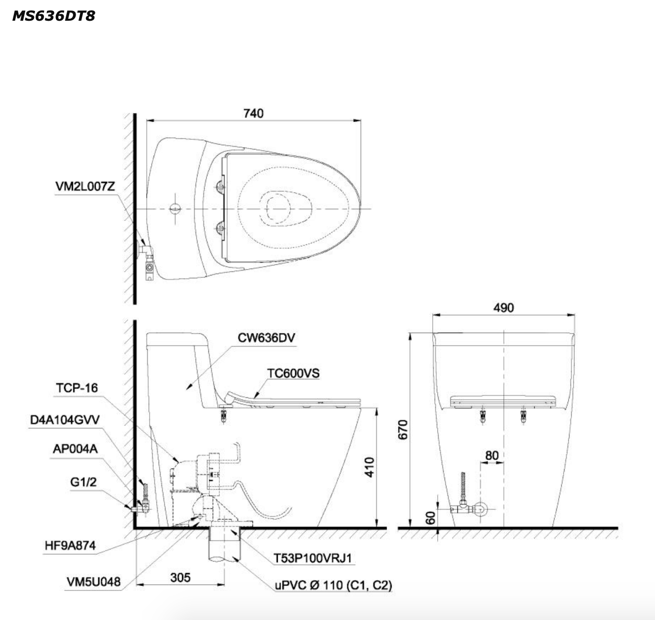 Bồn cầu 1 khối TOTO MS636DT8 nắp đóng êm TC600VS - 2