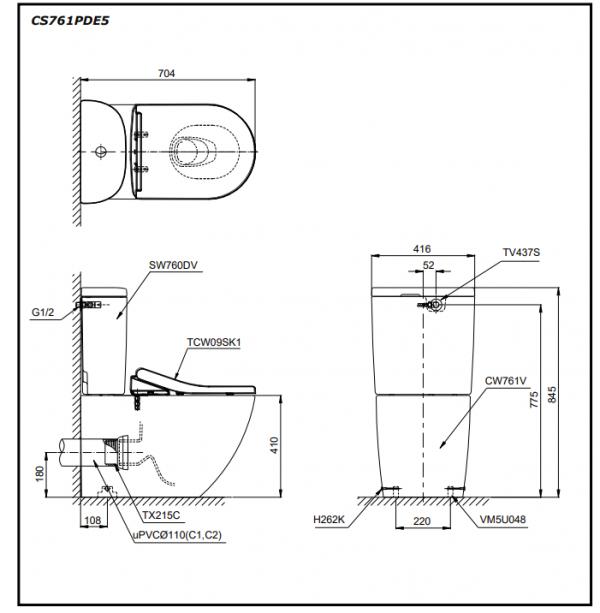 Bồn cầu nắp rửa cơ thoát ngang TOTO CS761PDE5 - 2
