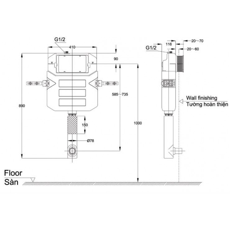 Két nước âm tường TOTO WH050 6/3L - 2