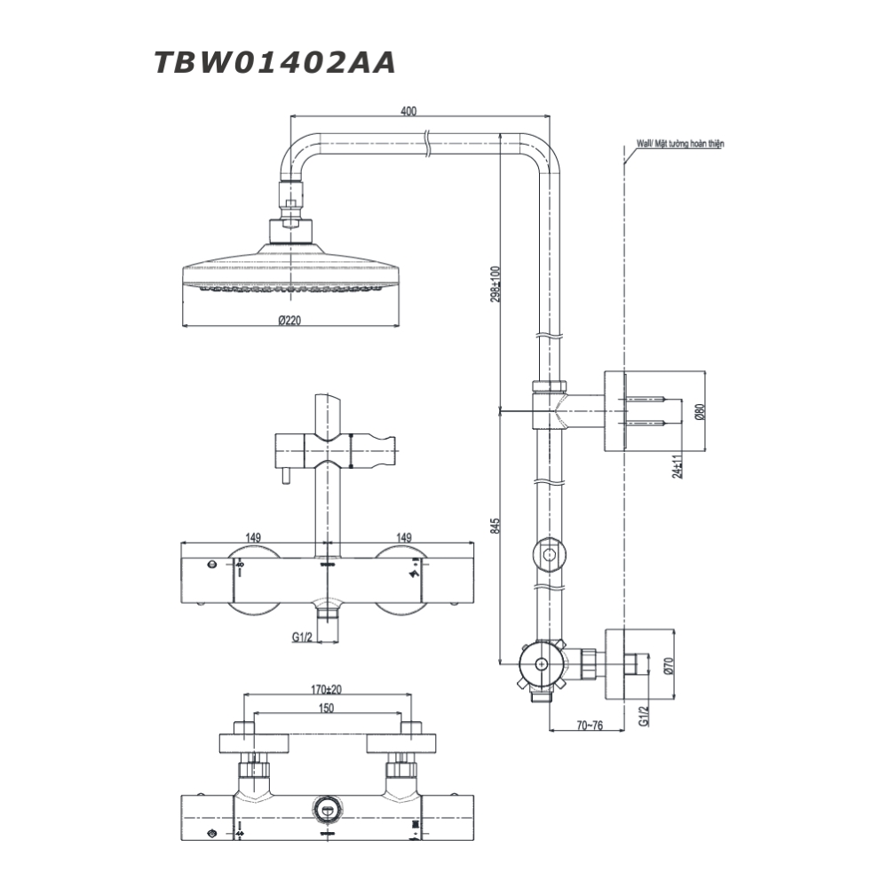Sen cây nhiệt độ TOTO TBW01402AA dòng G (không xả bồn) - 3
