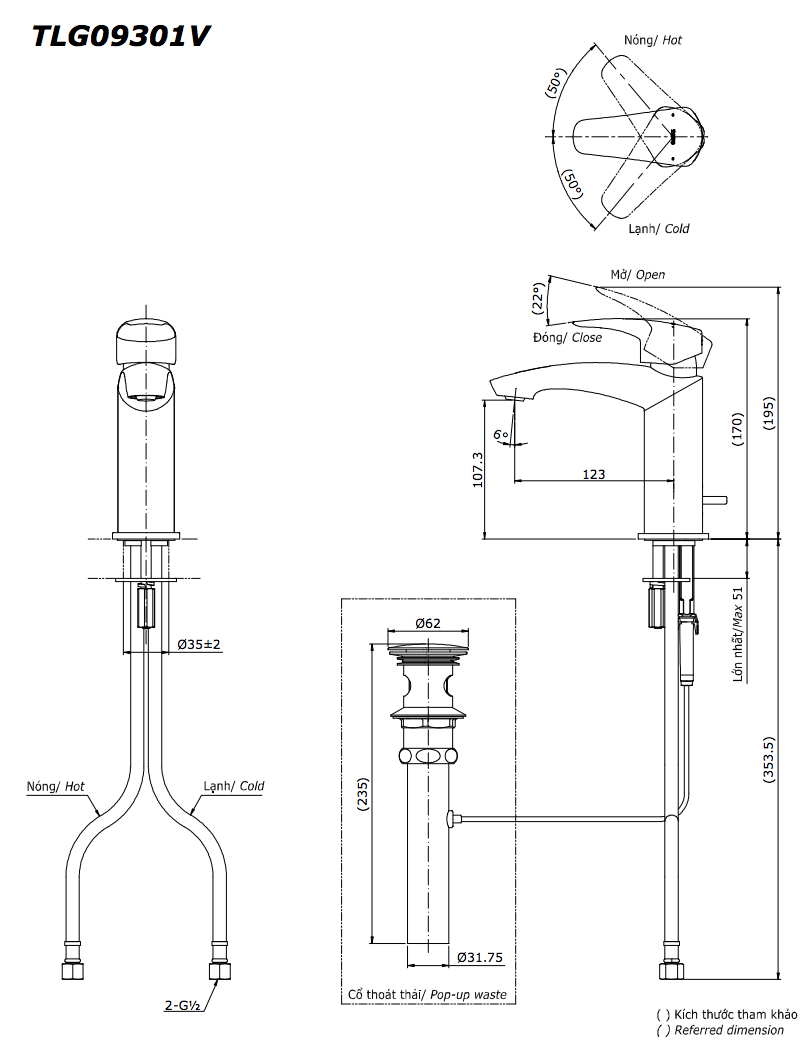 Vòi lavabo nóng lạnh GM TOTO TLG09301V - 6