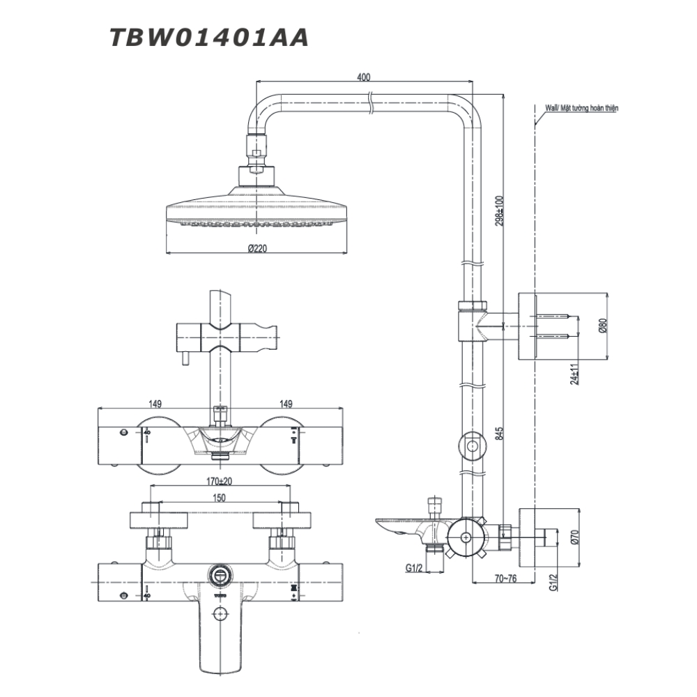 Sen cây nhiệt độ TOTO TBW01401AA dòng G kèm vòi xả bồn - 3