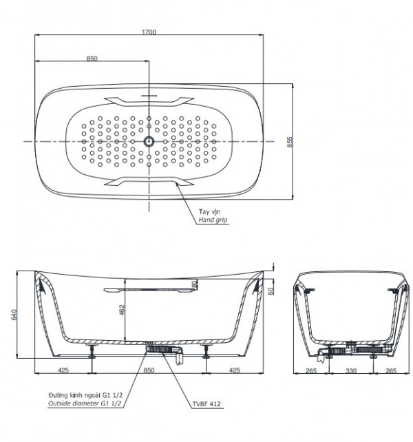 Bồn tắm đặt sàn TOTO PJY1734PWEN#GW TVBF412 GALALATO 1m7 gồm ống thải - 2