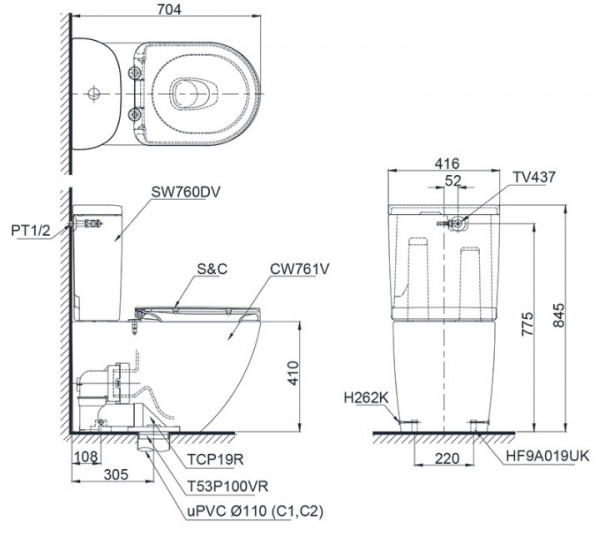 Bồn cầu 2 khối nắp rửa điện tử S7 TOTO CS761PDW5 - 3