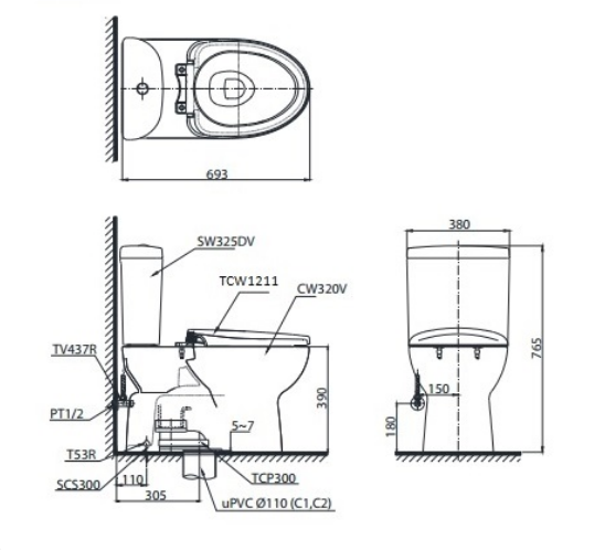 Bồn cầu TOTO CS325DRE4 2 khối nắp rửa cơ TCW1211A