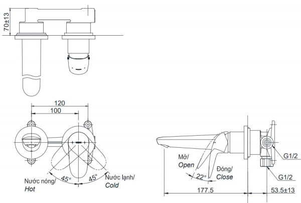 Vòi lavabo nóng lạnh gắn tường LC TOTO TLS03307B - 2