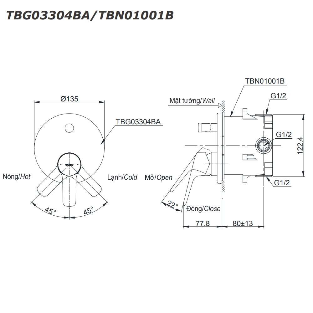 Van gật gù điều chỉnh nóng lạnh kèm nút chuyển hướng và phụ kiện âm tường TOTO TBG03304BA TBN01001B - 2