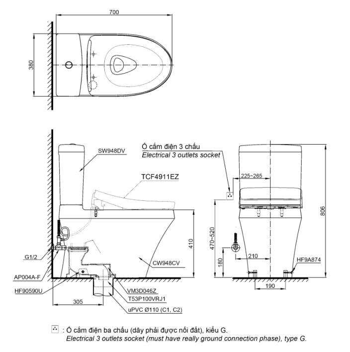 Bồn cầu TOTO CS948CDW12 2 khối nắp điện tử Washlet S7 TCF4911EZ giấu dây