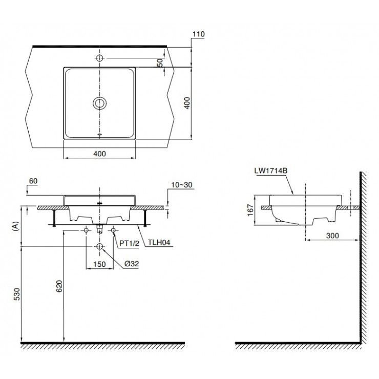 Bản vẽ kỹ thuật bồn rửa tay lavabo TOTO đặt bàn 1714