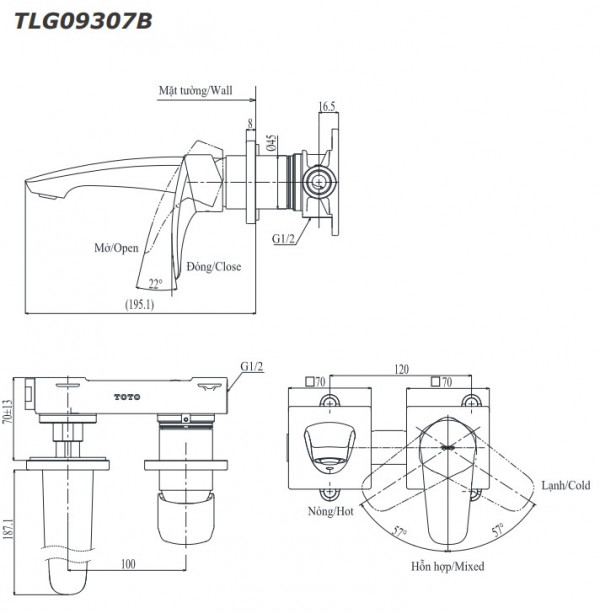 Vòi lavabo nóng lạnh gắn tường GM TOTO TLG09307BB (TLG09307B) - 2