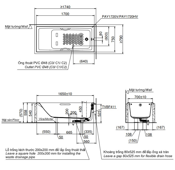 Bồn tắm TOTO PAY1720HV#W nhựa 1m7 tay vịn