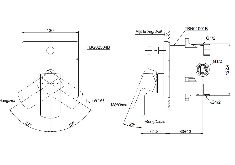 Van gật gù điều chỉnh nóng lạnh kèm nút chuyển hướng và phụ kiện âm tường TOTO TBG02304BA TBN01001B