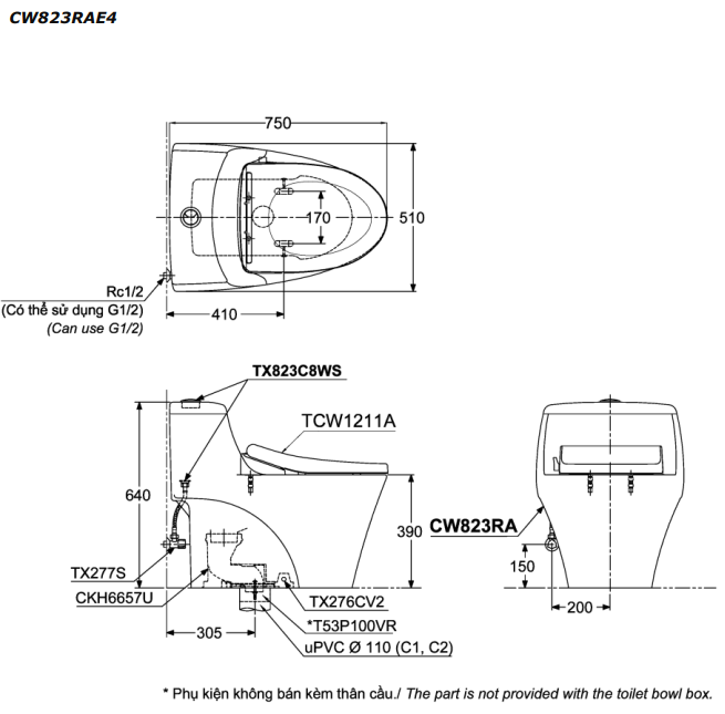 Bồn cầu TOTO CW823RAE4 T53P100VR 1 khối nắp rửa cơ TCW1211A - 2