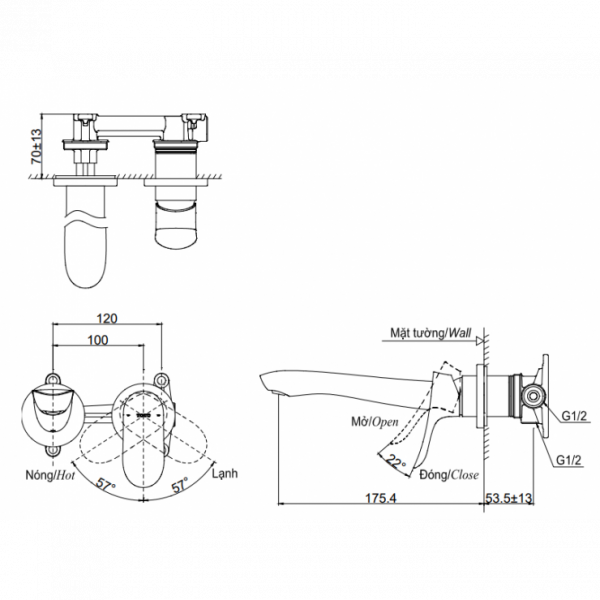Vòi lavabo nóng lạnh gắn tường GO TOTO TLG01311BB - 8