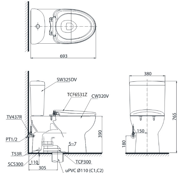 Bồn cầu nắp rửa điện tử TOTO CS325DRW6