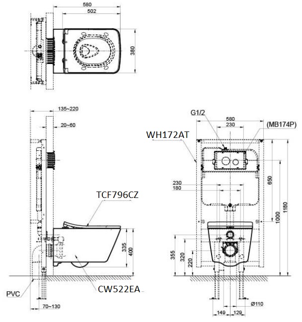 Bồn cầu treo tường điện tử SX (giấu dây) TOTO CW522EA TCF796CZ WH172AT MB171M