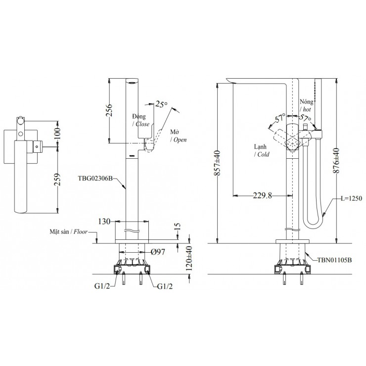 Vòi xả bồn tắm TOTO TBG02306BA TBN01105B đặt sàn nóng lạnh (kèm đế)