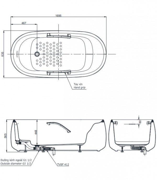 Bồn tắm đặt sàn TOTO PJY1744PWEN#GW TVBF412 GALALATO 1m7 gồm ống thải - 2