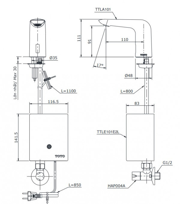 Vòi lavabo cảm ứng TOTO TTLA101 TTLE101E2L HAP004A (nước lạnh - dùng điện) - 2
