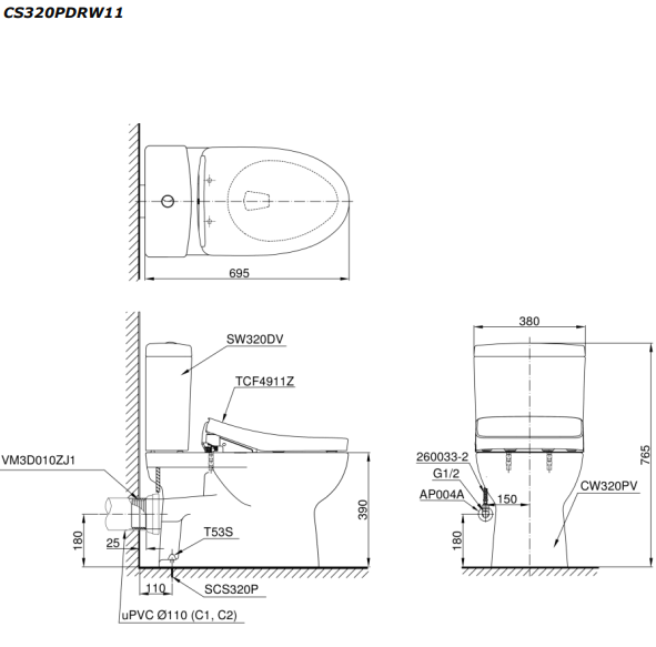 Bồn cầu TOTO CS320PDRW11 2 khối nắp điện tử Washlet S7 TCF4911Z - 4