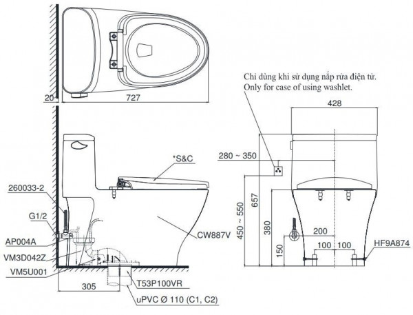 Bồn cầu TOTO MS887RW14 1 khối nắp điện tử Washlet C5 TCF24410AAA - 13