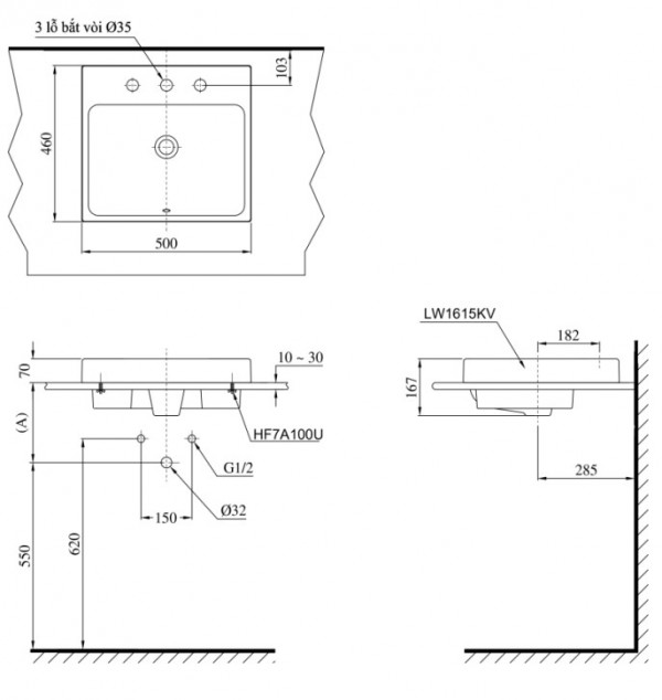 Chậu rửa lavabo đặt bàn TOTO LT1615K 3 lỗ - 2