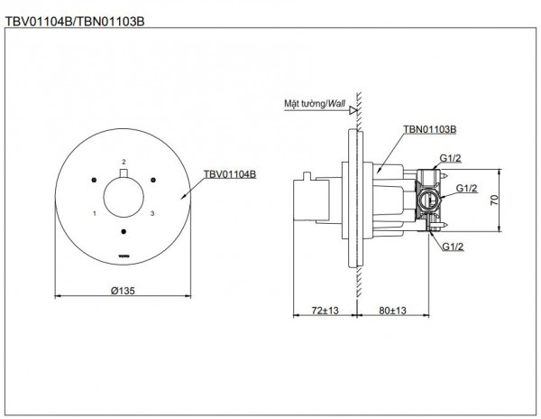 Set sen tắm âm tường 3 đường nước nhiệt độ TOTO GLOBAL FITTINGS TBW01005B - 5