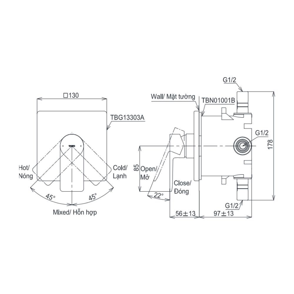 Van gật gù điều chỉnh nóng lạnh TOTO TBG13303A kèm phụ kiện âm tường TBN01001B