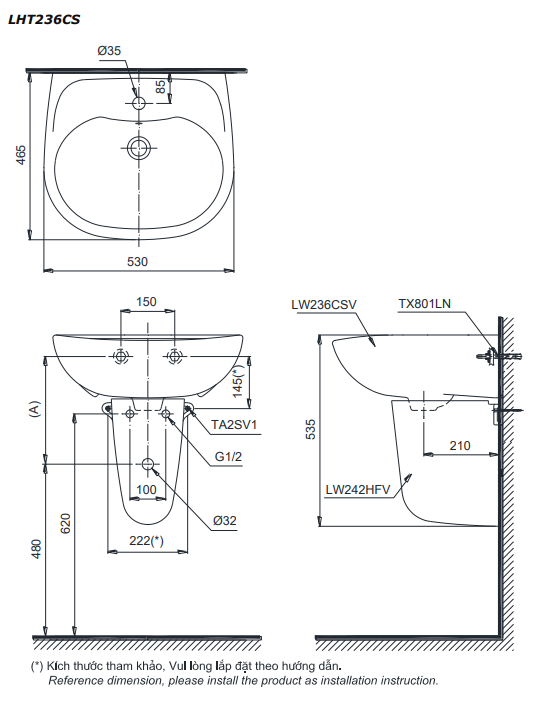 Chậu lavabo treo tường TOTO LHT236CS chân lửng - 7