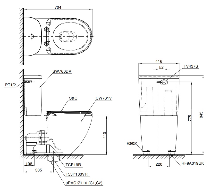 Bồn cầu 2 khối nắp rửa điện tử C2 TOTO CS761DW8