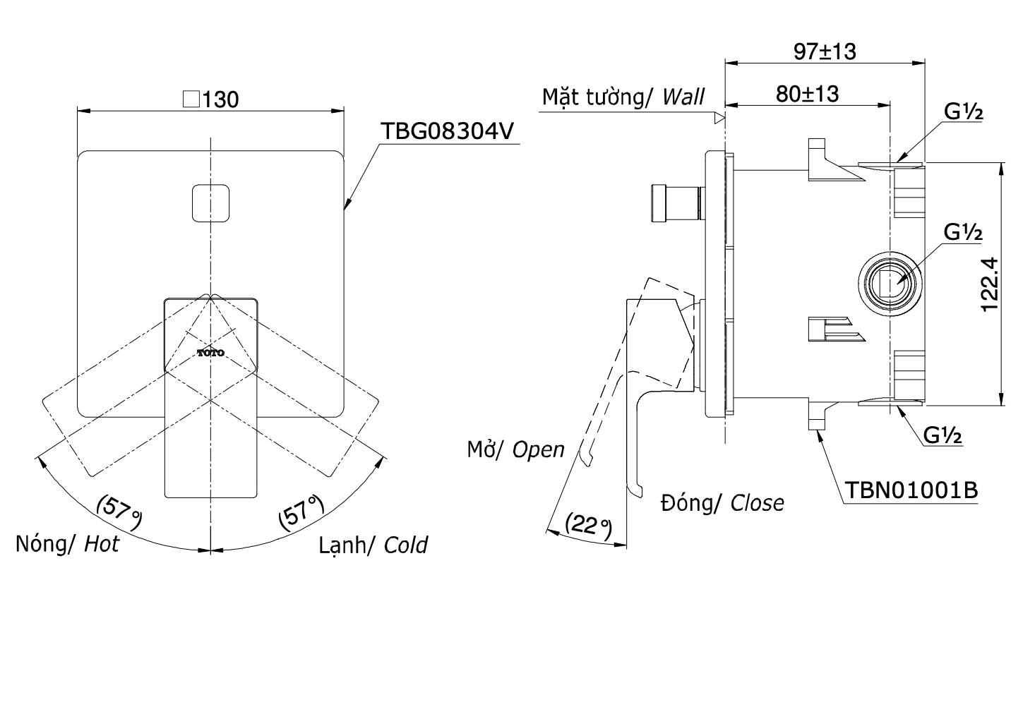Van gật gù điều chỉnh nóng lạnh kèm nút chuyển hướng và phụ kiện âm tường TOTO TBG08304VA TBN01001B