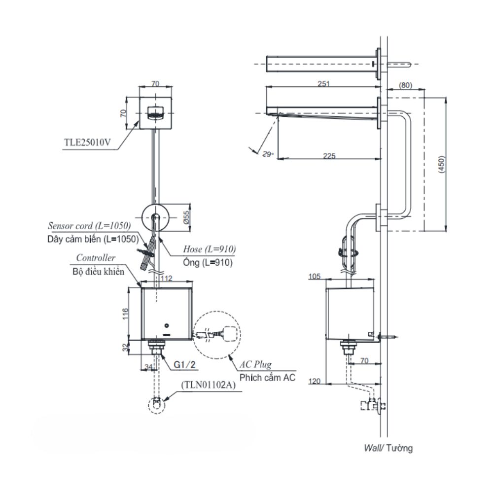 Vòi lavabo cảm ứng gắn tường TOTO TLE25010V - 2