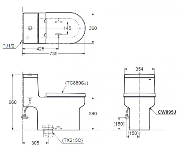 Bồn cầu 1 khối TOTO CW895JW F nắp đóng êm TC880SJ - 2