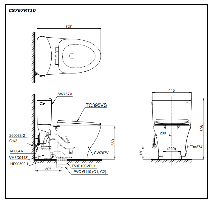 Bồn cầu 2 khối TOTO CS767RT10 nắp đóng êm TC395VS - 2