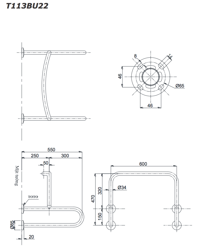Thanh tay vịn tiểu nam TOTO T113BU22/T110D3R(x4)