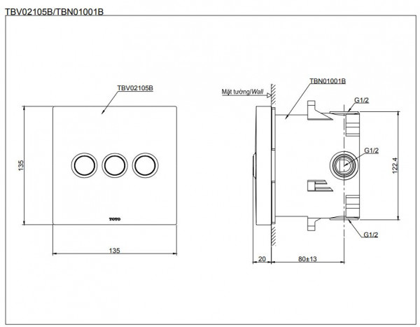 Set sen tắm âm tường 3 đường nước nhiệt độ TOTO GLOBAL FITTINGS TBW02004A - 5