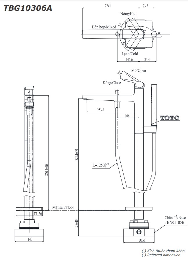 Vòi xả bồn tắm TOTO TBG10306AA TBN01105B đặt sàn nóng lạnh (kèm đế)