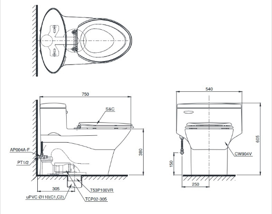 Bồn cầu 1 khối TOTO MS904T8#XW nắp đóng êm TC600VS