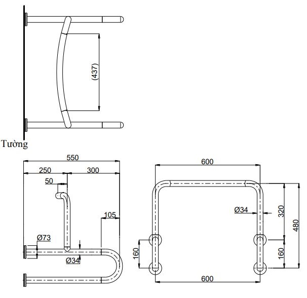 Thanh tay vịn tiểu nam TOTO T114CU22R#MLA/T110D3R(x4)
